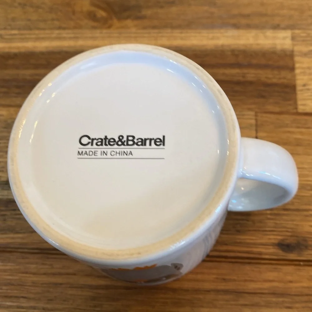 Crate & Barrell small grey owl mug. 8 ounce capacity. White w/orange interior.